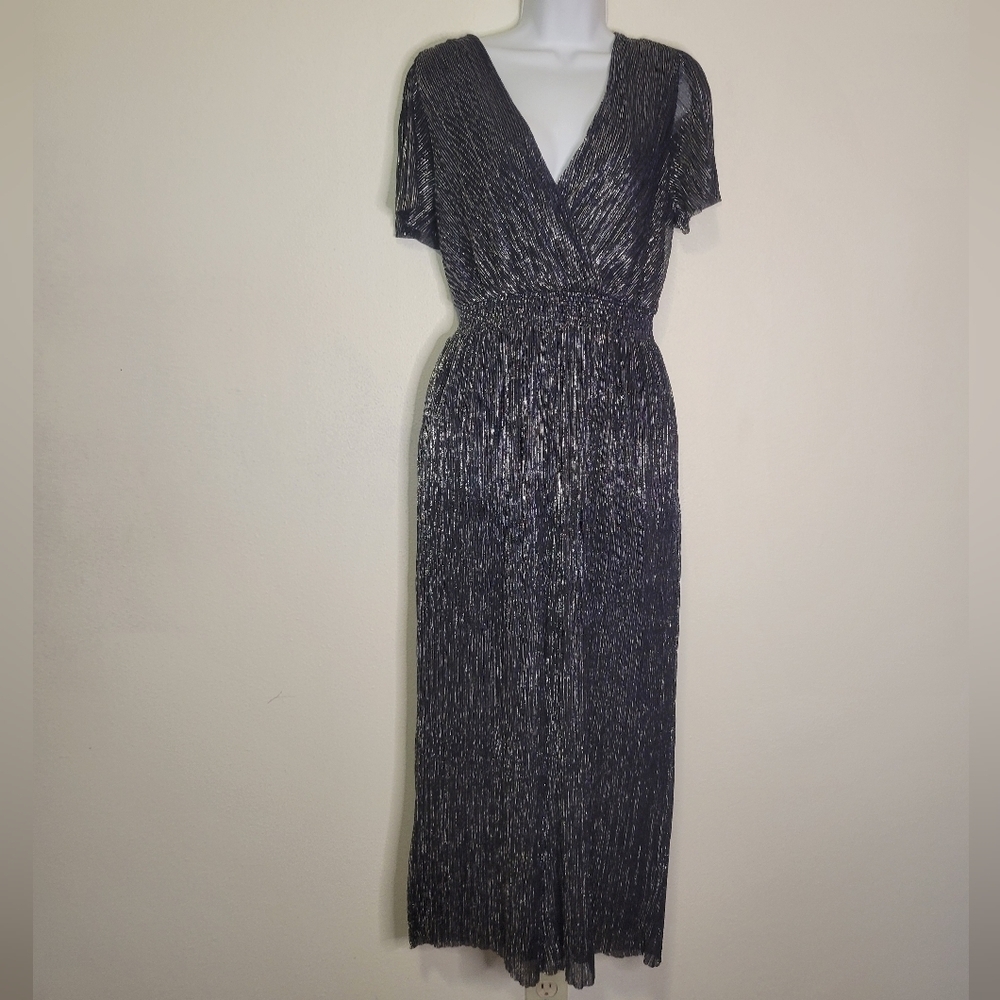 Banana Republic Metallic Black & Silver Plisse Jumpsuit
